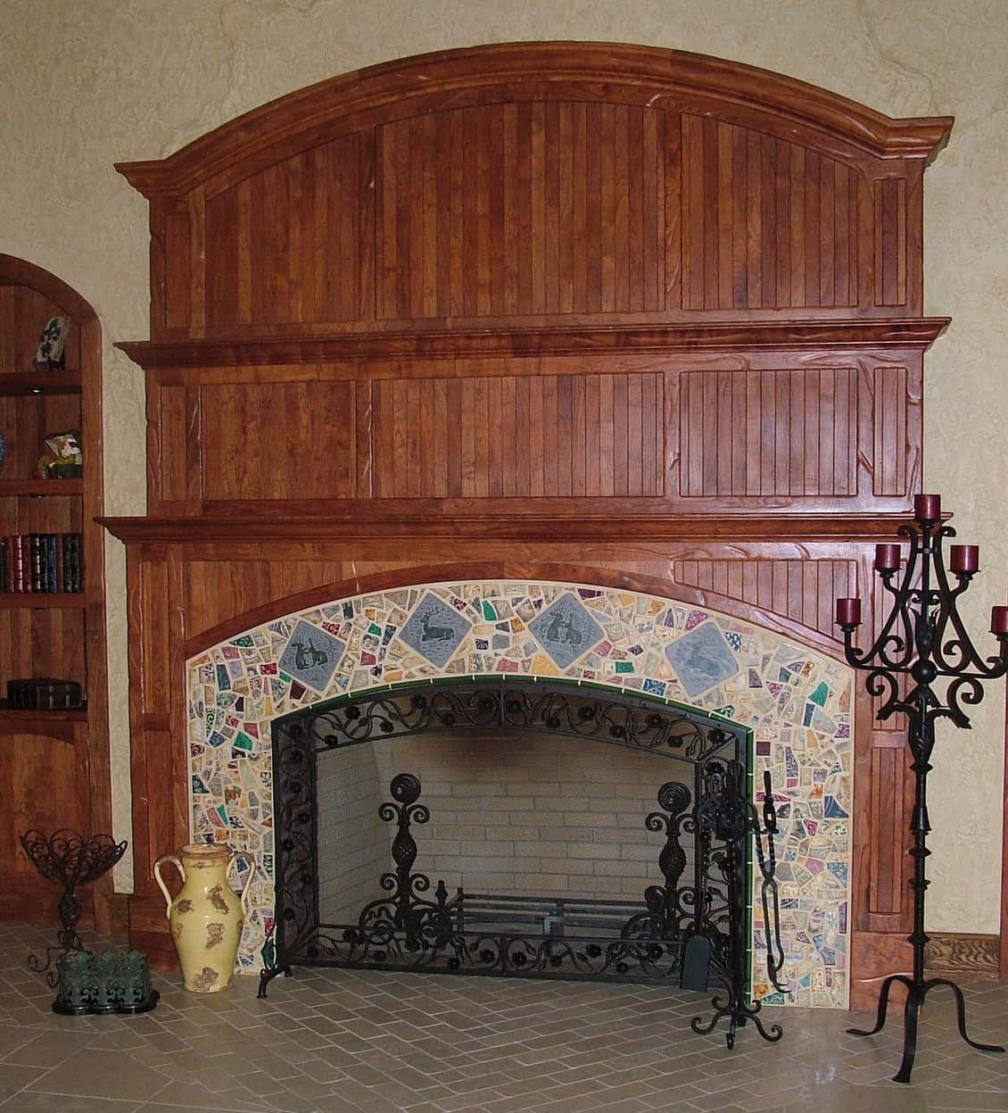 custom tiled fireplace mantel